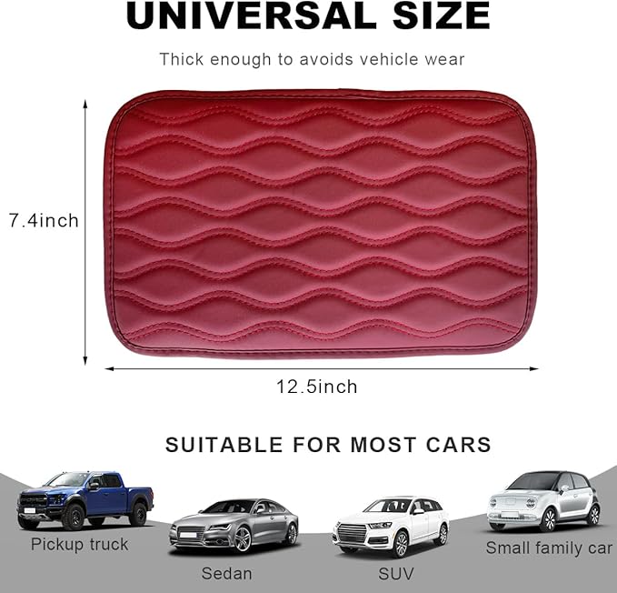 Car Center Console Cushion Pad, 12.48×7.40 Inches Waterproof Car Armrest Seat Box Cover, Comfortable PU Leather Vehicle Armrest Cover Protector, Car Decor Interior Accessories (Wine Red)