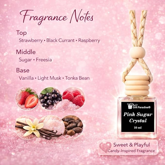 Pink Sugar Crystal Car Air Freshener Set of 3 with Magnetic Gift Box, 10 ml Hanging Diffuser Bottles with Wooden Cap, Sweet Vanilla Cotton Candy Scent for Car, Home & Closet