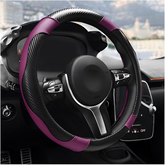 Car Steering Wheel Cover, 15 Inch Anti-Slip Stretch Leather Steering Wheel Protector, Comfortable Breathable Sporty Steering Wheel Cover for Women Men, Car Accessories (Black & Purple)