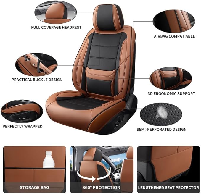 Car Seat Covers Custom Fit for Chevrolet/Chevy Volt 2010-2019 , Premium Faux Leather Waterproof Car Seat Protectors with Lumbar Support, Breathable Anti-Slip Easy to install(Black&Brown,Full set)