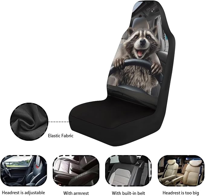 Funny Front Seat Covers for Cars Happy Raccoon Soft Bucket Seat Covers Scratchproof Premium Polyester Seat Covers for SUV Vans Sedans Trucks