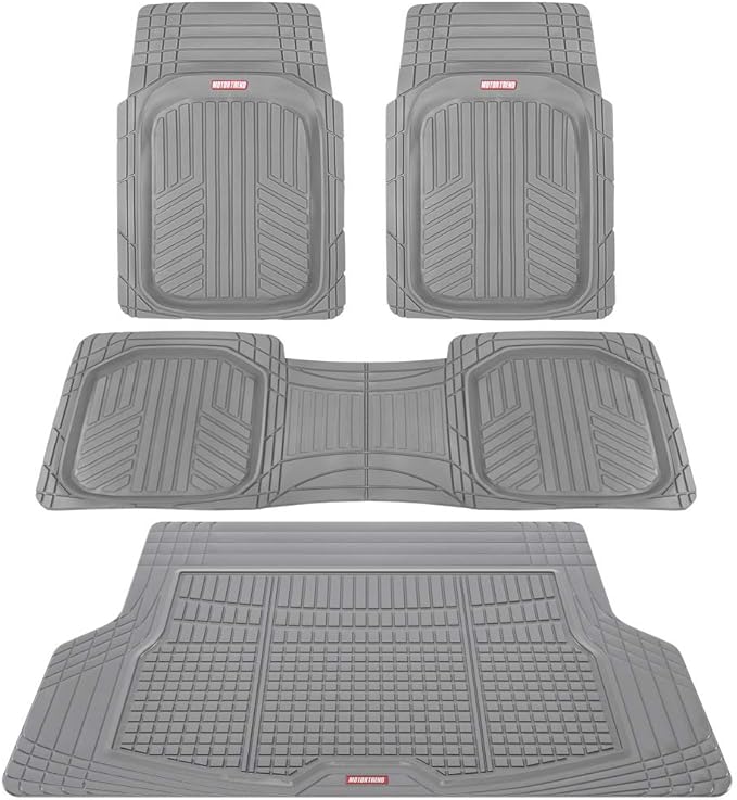 Motor Trend FlexTough Gray Floor Mats for Cars & Cargo Mat Full Set - All Weather Front & Rear Rubber Automotive Floors Mats & Cargo Liner for SUV, Car, & Van - Interior Trunk Mat & Floor Cover