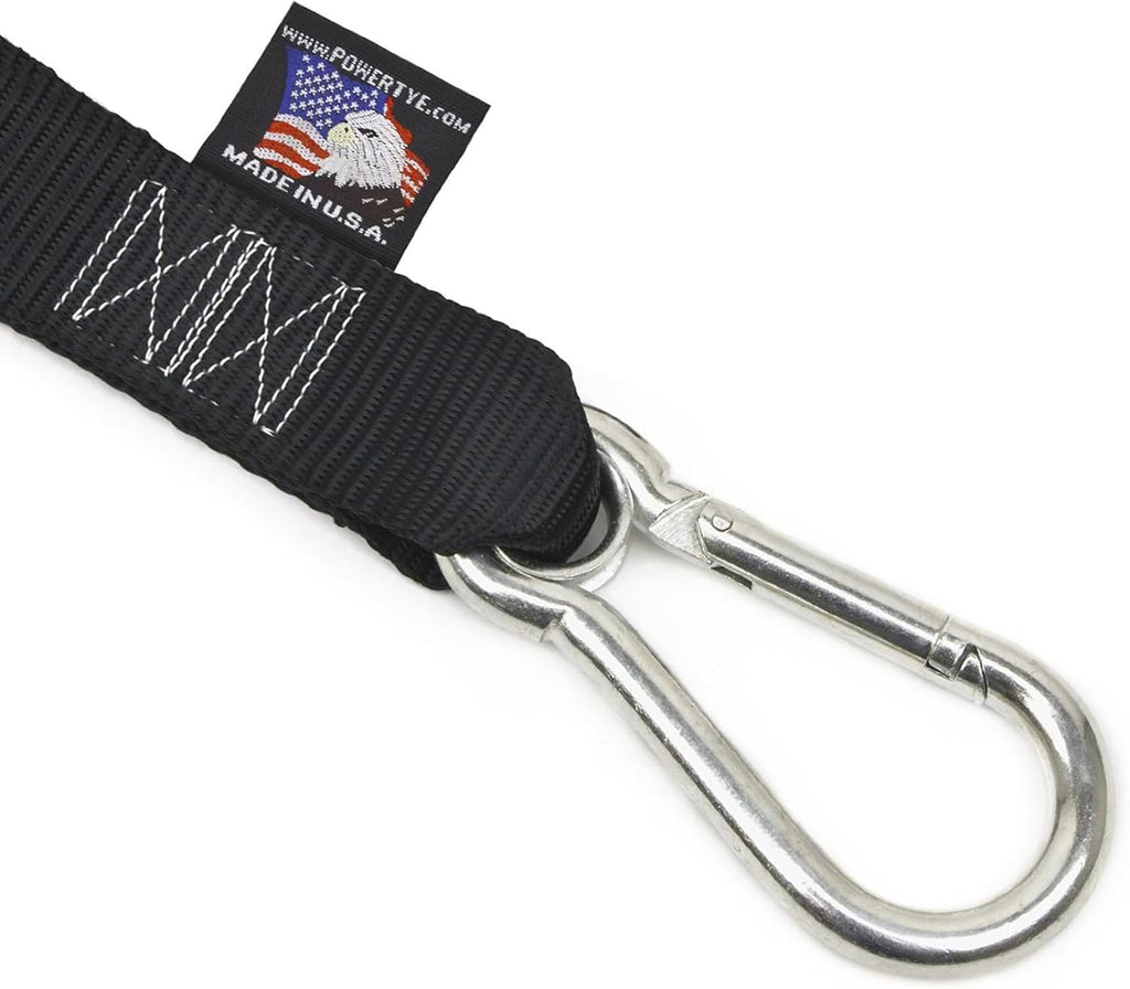 PowerTye - Made in USA - Extra Long Ratchet Tie Down Straps, Heavy Duty with Carabiner Hooks, Soft-Tye & Bag, for Motorcycle, ATV & Cargo, 1,000 lb WLL, 1.5 inch x 10ft Long, Blue/Black (Pair)