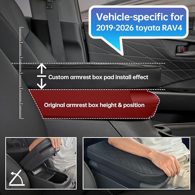 RAV4 Center Console Cover/Pad Fit 2019-2023 2024 2025 2026,Faux Leather Toyota RAV4 Armrest Mat,Ergonomic Support Cushion,Console Protector,Waterproof Wear-Resistant Scratch-Resistant