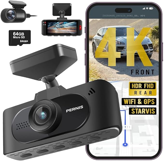 PERNIS 4K Dash Cam Front and Rear, STARVIS Sensor, Free Card Included, 2.4GHz WiFi Dual Dash Camera for Cars, Built-in GPS, Night Vision, G-Sensor, Emergency Lock, 3.16'' IPS, Parking Mode