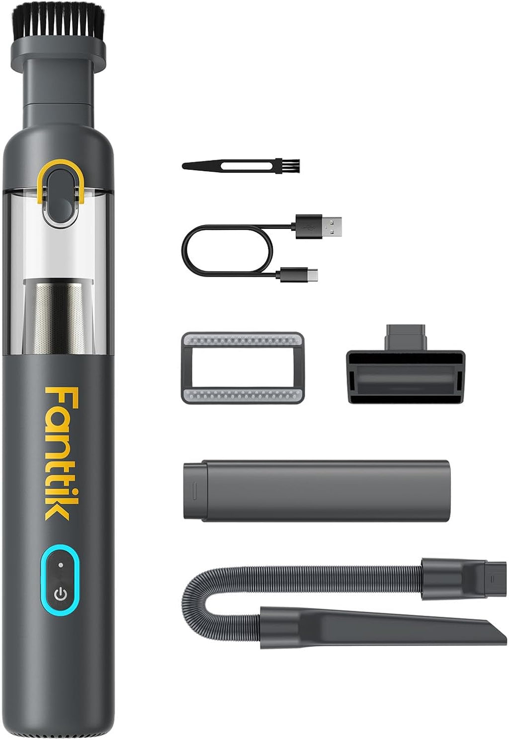 Fanttik Slim V8 Mate Cordless Car Vacuum Suction Power 12000Pa, Portable Mini Vacuum with Flexible Hose and Pet Brush, Type-C Charge, Portable for Car, Office Desk, Keyboards, Gray