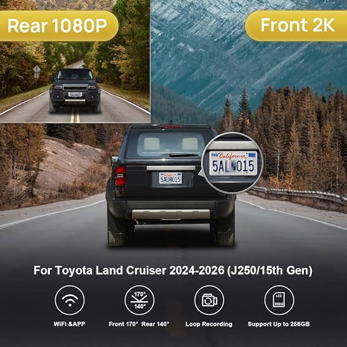 Fitcamx Front 2K+Rear 1080P Dash Cam Adapts for Toyota Land Cruiser 2024-2026 First Edition 1958 (J250/Gen15), OEM Look, Dual HD Video, WiFi & APP, Loop Recording, G-Sensor, Easy to Use, 64GB Card