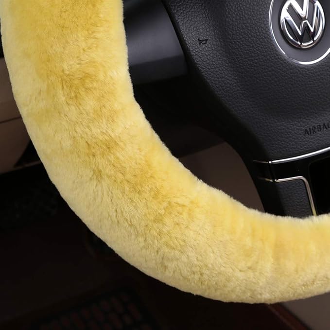 Furry Wool Sheepskin car Steering Wheel Cover for Girls Women Universal car 14 1/2-15 1/2inchs (Lemon Yellow)