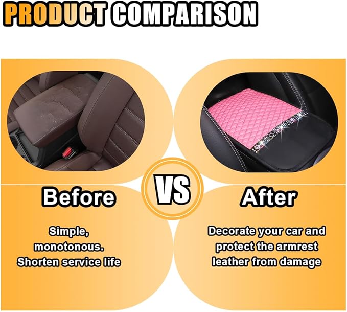 Bling Leather Car Armrest Seat Box Cover, Car Console Armrest Cover with Crystal Rhinestones, Anti-Scratch Waterproof Auto Center Console Protector Cushion Pad for Car SUV Truck (Pink)