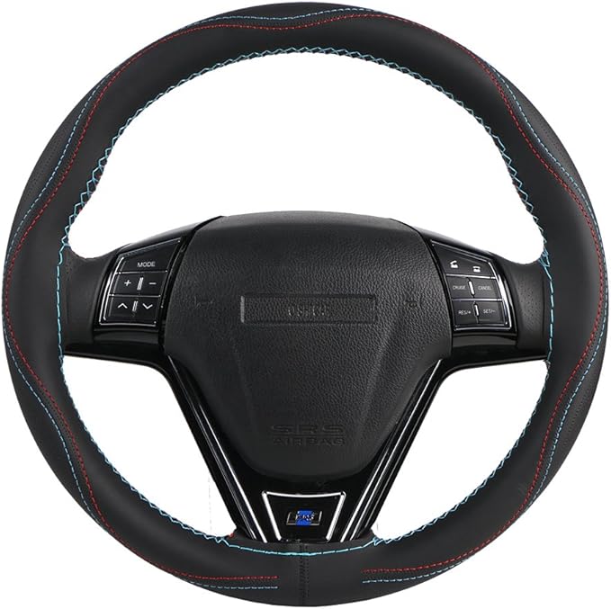 Artificial Leather Wheel Steering Cover Stitch On Wrap with Needle & Thread DIY 15.7 Inch Red and Blue Splice for Pajero Etc