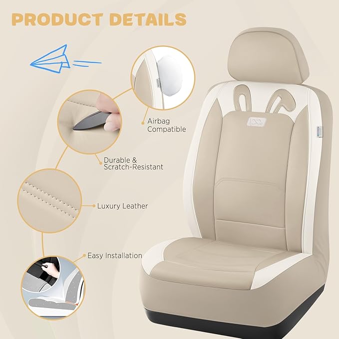 PIC AUTO Car Seat Covers, Cute Rabbit Premium Beige Leather Seat Covers, Universal Fit Front Seat Covers for Cars, Trucks, SUVs, Soft & Wear-Resistant Auto Interior Protection with Airbag-Compatible