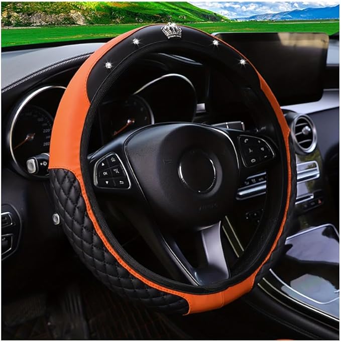 Bling Car Steering Wheel Cover, Diamond Leather Crystal Rhinestones Vehicles Steering Wheel Protector, Sparkling Anti-Slip Automotive Interior Decoration Accessories, Universal Fit (Orange)