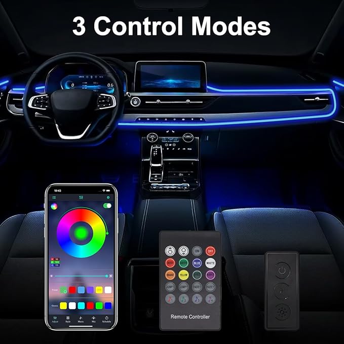 Interior Car Lights, 9 in 1 Car LED Strip with Wireless APP/RF Remote/Button Control, 16 Million Colors Ambient Lighting Kit with 5 Fiber Optic LED Strips & 4 Under Dash Lights