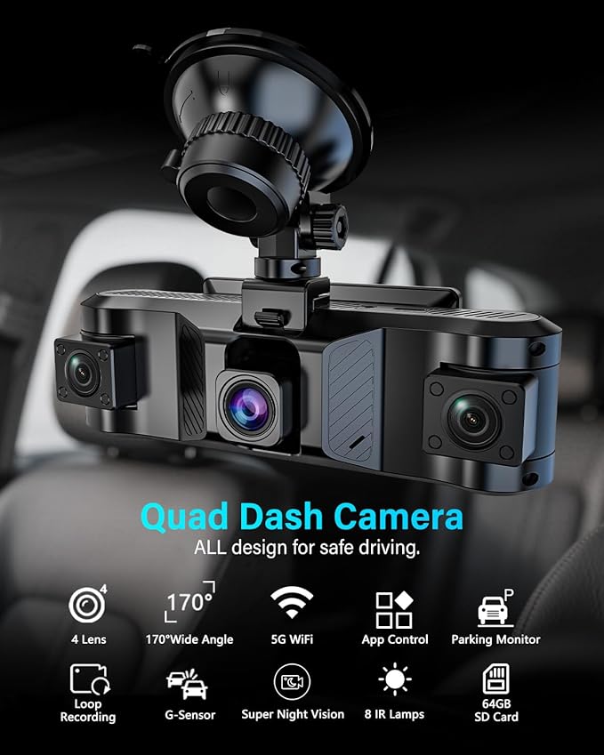 QXTAMO® 4 Channel Dash Cam Front and Rear Inside Left Right, 360 Degree View Dash Camera for Cars, 1080P Dashcam, 5G WiFi Car Camera with Night Vision, 24/7 Parking Monitor, G-Sensor, Free 64GB Card