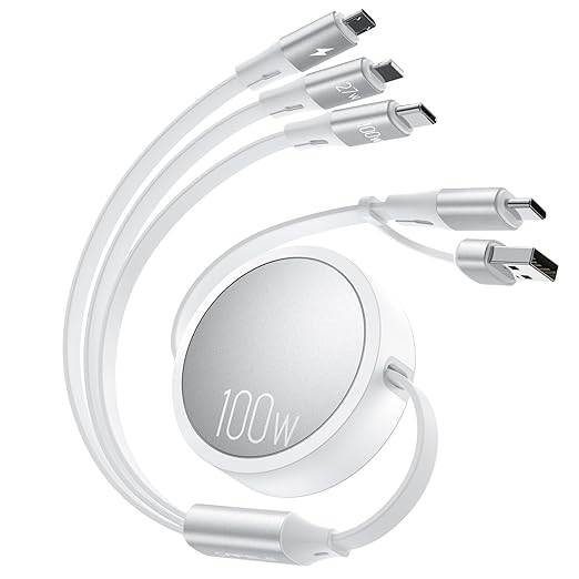 CAFELE 100W Multi Charging Cable, 6-in-1 Retractable USB C/A Cable, 5A Fast Charger Cord for Multiple Devices with Type C/L/Micro Ports for Phone 17 16 15 14 Pro Max, S24/S23, MBook, Pad (4.3ft) White