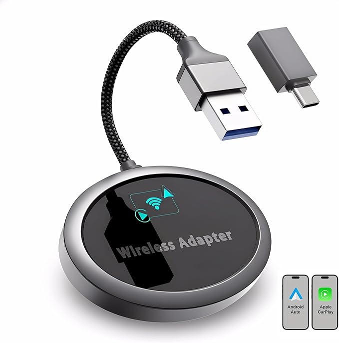 2-in-1 Wireless CarPlay Adapter 2026 for Apple iPhone & Android Auto Adapter, Plug&Play CarPlay Dongle Converter, Fast Auto-Connect,Compact Design Fast Stable Connection with USB/USB-C Port (Grey)