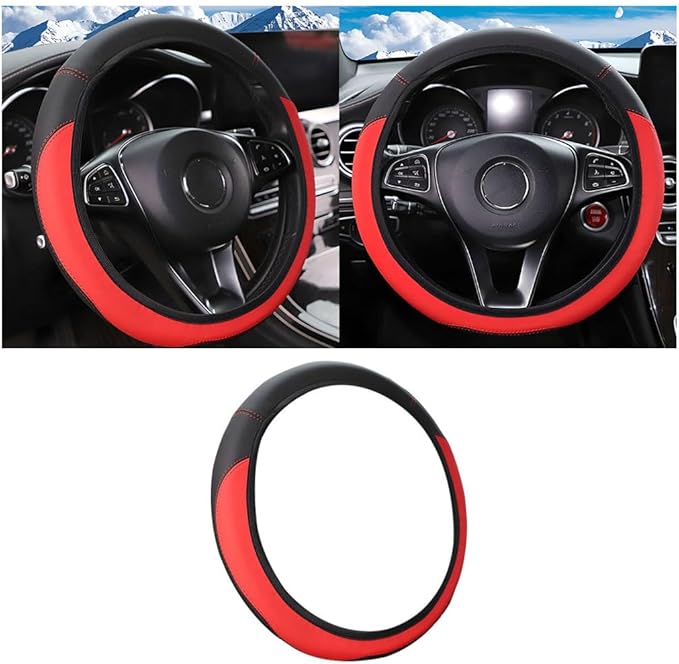 Car Steering Wheel Cover, Leather Elastic No Inner Ring Vehicle Steering Wheel Protector for 14.5-15Inch, Anti Slip Auto Interior Protection Accessories, Universal for SUV Sedan Truck (Red)