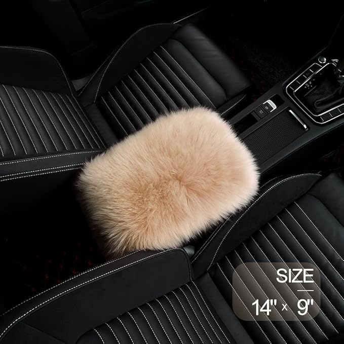 LLB Auto Center Console Cover Pad Universal Fit for SUV/Truck/Car, Genuine Sheepskin Wool Fur Car Armrest Seat Box Cover, Furry Fluffy Auto Armrest Cover Protector (Tan)