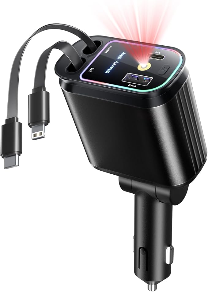 Starlight Retractable Car Charger with Retractable Cables, Starlight in Car Roof 4 in 1 Super Fast USB C Car Phone Charger, 2 USB Ports Starry Sky Adapter, Compatible with iPhone 17 16 15 14