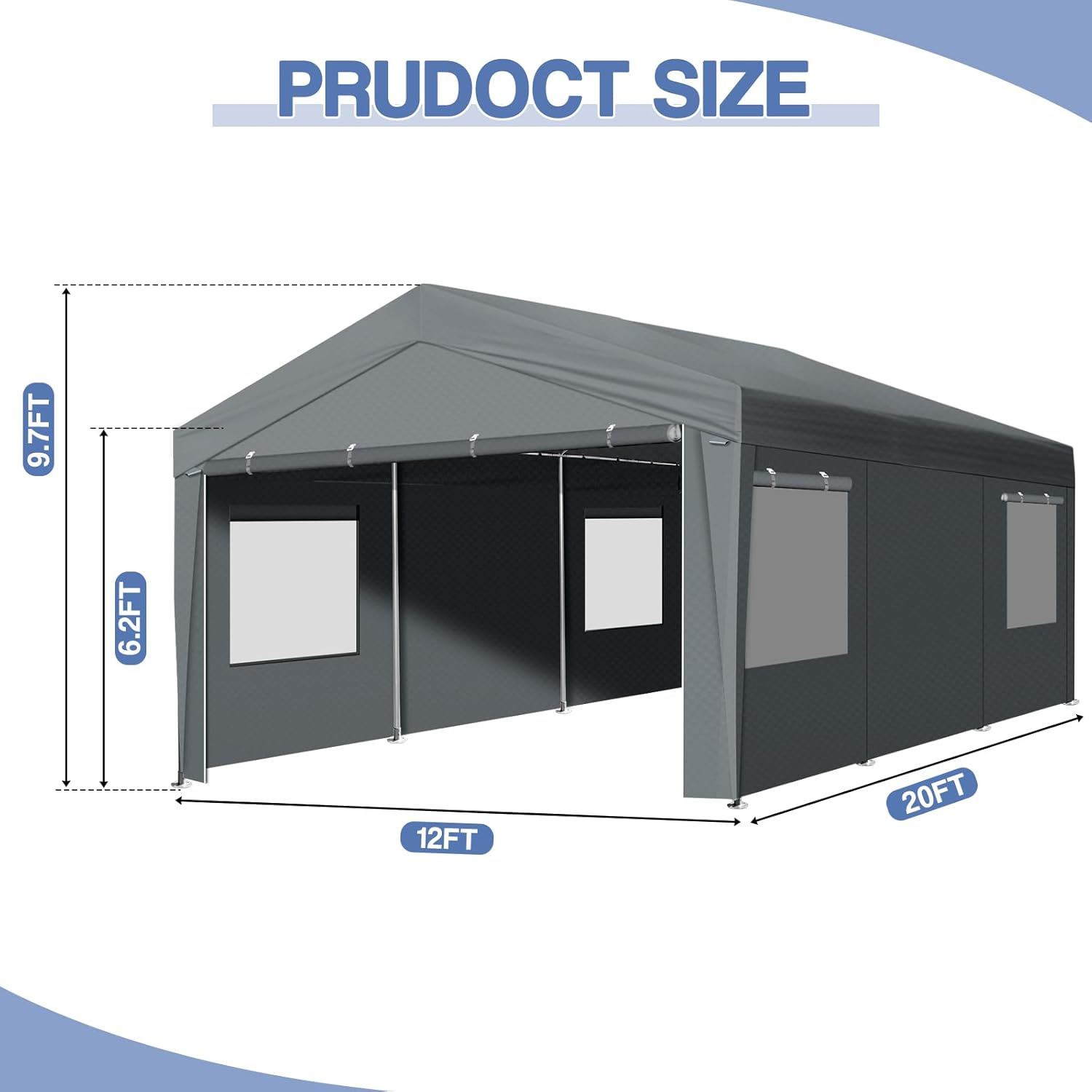 VINGLI 12x20 Carport Canopy Portable Garage with Roll-up Windows & Removable Sidewalls, Car Canopy Heavy Duty Car Tent for SUV, Boats, RVs, Trucks (with Sidewalls)
