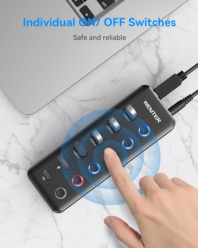 Powered USB 3.0 Hub, Wenter 6-Port USB Hub Splitter (4 Faster Data Transfer Ports+ 2Pcs 36W QC Charging Ports) with Individual LED On/Off Switches, USB Hub 3.0 Powered with Power Adapter
