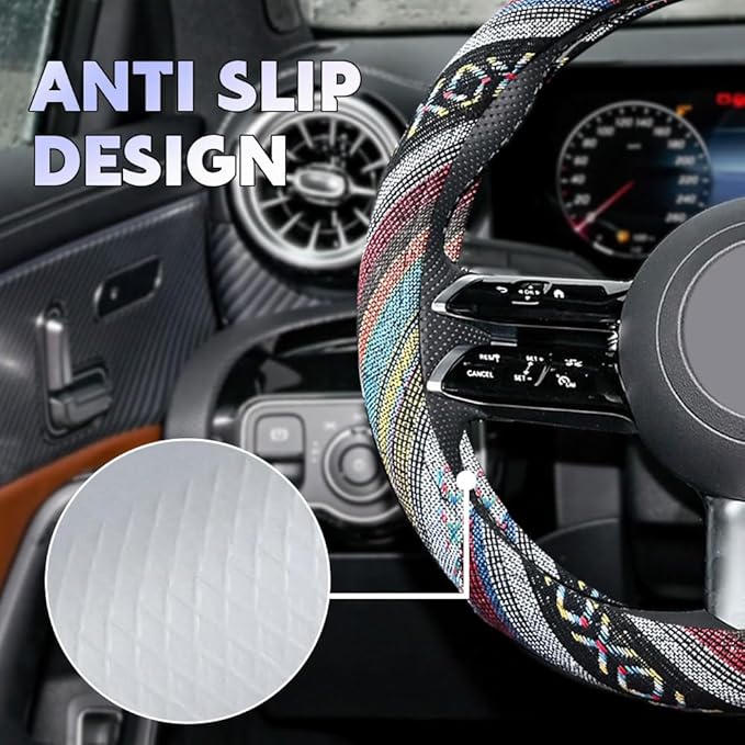 Boho Steering Wheel Cover, Steering Wheel Cover Women, 15 inch Hippie Style Protector Covers, Universal Ethnic Flax Cloth Car Accessories Universal for SUV Van Truck (Hippie-D)