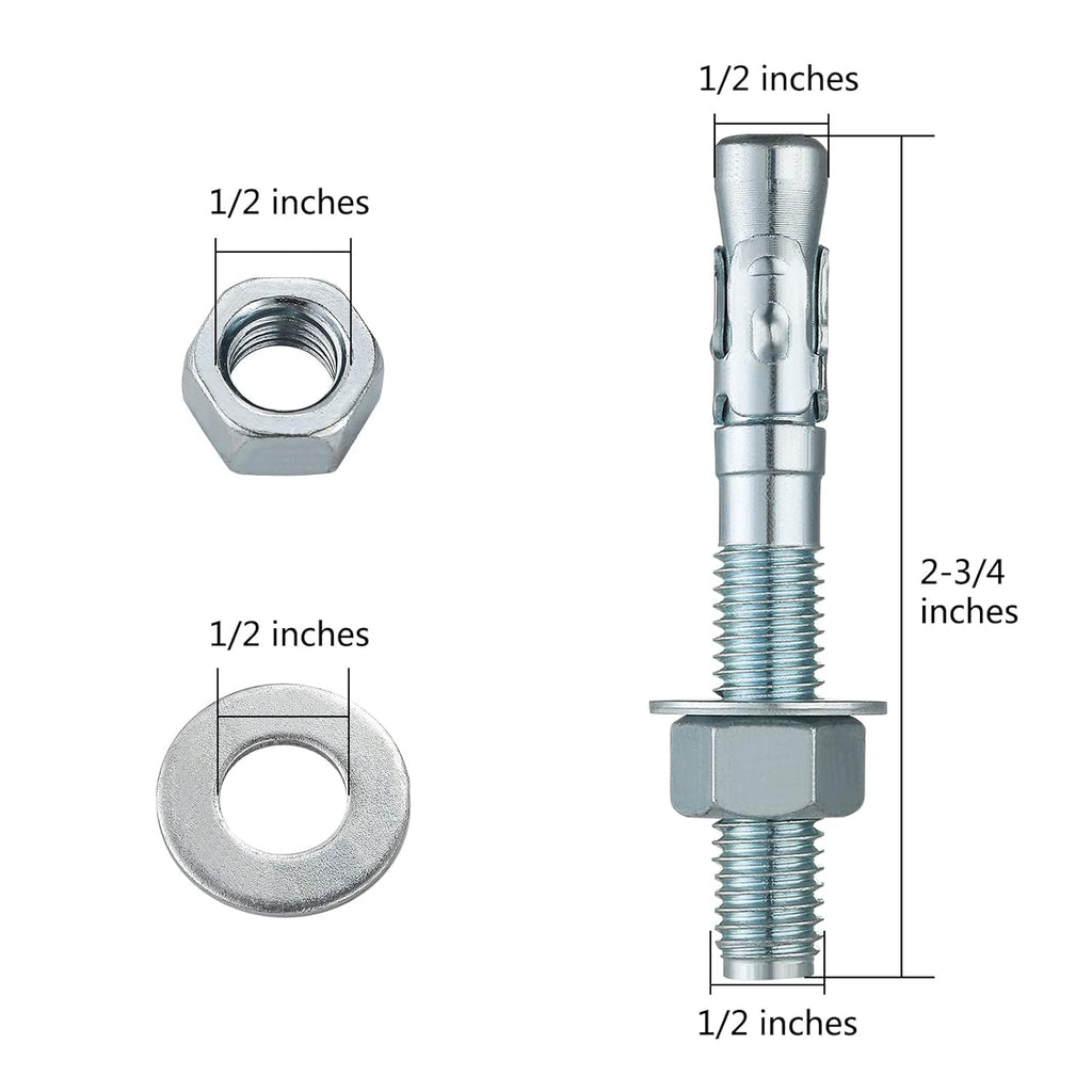 1/2x2-3/4" 10Pcs Inch Standard Fasteners for Heavy-Duty Zinc Wedge Anchors for Cement and Concrete