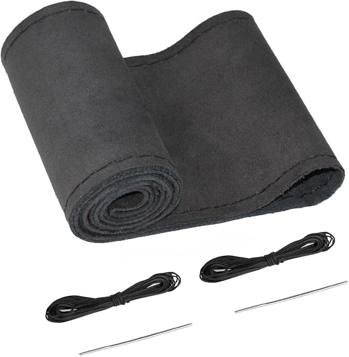 BELINOUS Suede Leather Steering Wheel Cover, DIY Stitch-On Steering Wheel Wrap with Needle & Thread, Non-Slip & Sweat-Absorbing, Universal Fit for 13.75-16 Inch (Size L0, Black)