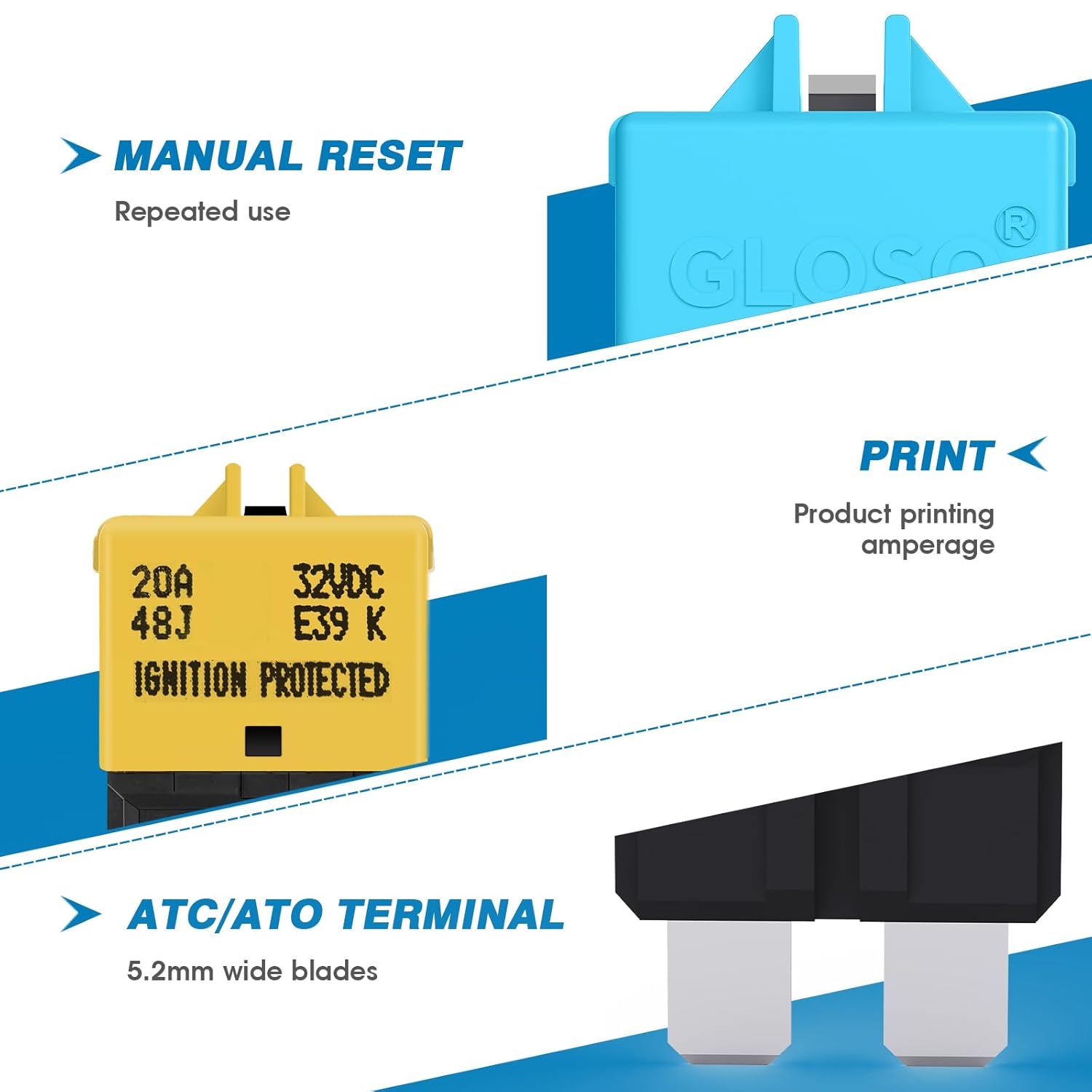GLOSO Circuit Breaker E39 (T3) Manual Reset Fuse For Car Truck RV Automotive Marine Boat Trolling motor & Custom Wiring Audio battery protection/Low Profile ATC/ATO (5A - 5 Pack)
