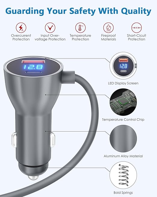 Starlink Mini Cable Car Adapter 16.4ft Starlink Mini Accessories Power Cable Car Charger DC 12V 24V Cigarette Lighter with Digital Display USB C PD 30W and USB A QC 3.0 30W Ports for Trucks and Cars