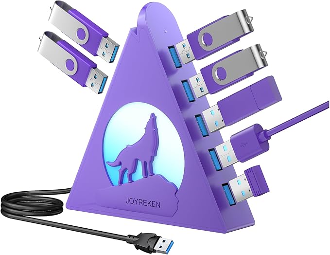 Deep Purple 7-Port USB 3.0 Hub, RGB Vertical Gaming USB Hub Tower with 5Gbps Data Transfer, 2FT Cable - USB Hub Splitter for PC, MacBook, Laptop, PS5, Flash Drives