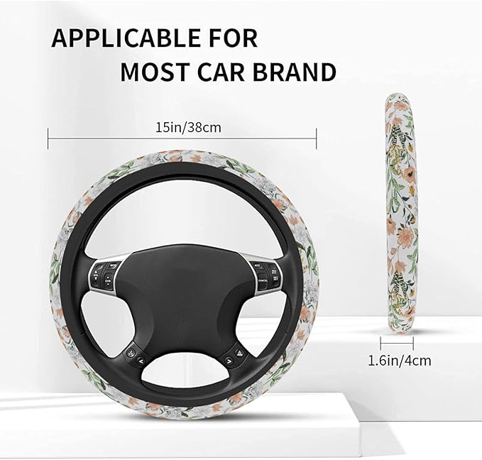 Car Steering Wheel Cover for Women Men, Non-Slip Botanical Floral Pattern with Ladybugs Steering Wheel Protector, Universal 14"-15" Fit for Cars, SUVs, Trucks