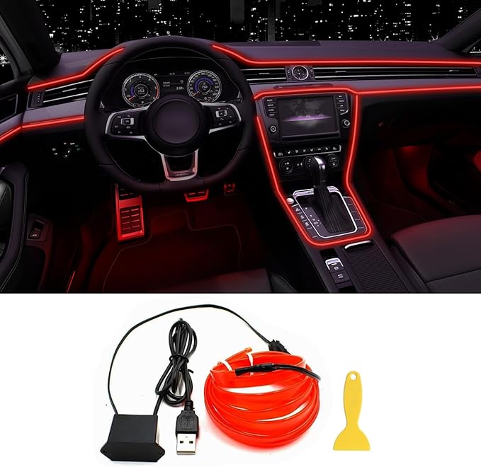 EL Wire Interior Car LED Strip Lights, USB Neon Glowing Strobing Electroluminescent Wire Lights with 6mm Sewing Edge, Ambient Lighting Kits for Cars Garden Decorations (5M/16.5FT, Red)