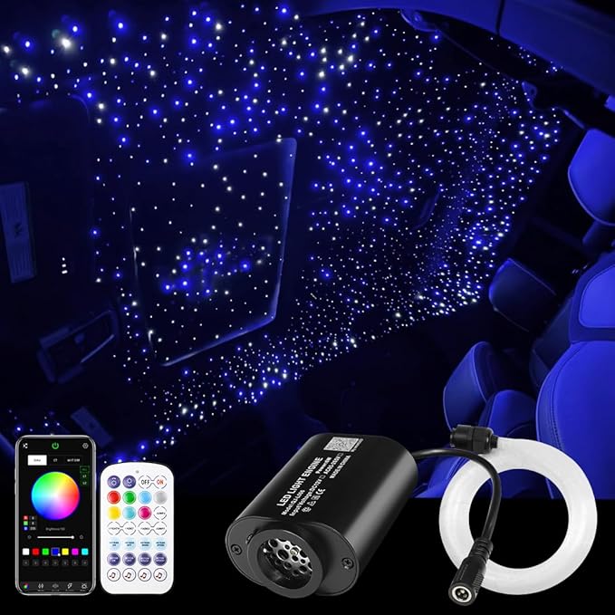 AMKI Mini 6W Starlight Headliner Kit Mixed430pcs 9.8ft,Twinkle+Sound Activated Fiber Optic Light 4Lamp Beam Starlight Box APP/Remote Control for Car Home Star Ceiling Decoration