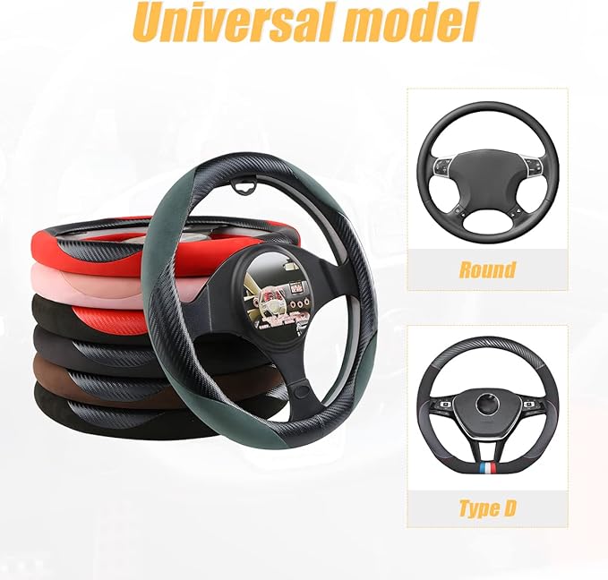Steering Wheel Cover for Women and Men, Carbon Fiber Plush Steering Wheel Cover Soft Anti-Slip Comforting, Universal 15 Inches Steering Wheels Accessories (Carbon Fiber Black/Red)