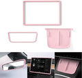 Farmogo Protector Trim Frame for Tesla Model 3 2021-2023 & Model Y 2020-2024 Accessories with Wireless Silicone Charging Mat, Screen Edge Frame and Rearview Mirror Protector Frame (3 PCS Pink)