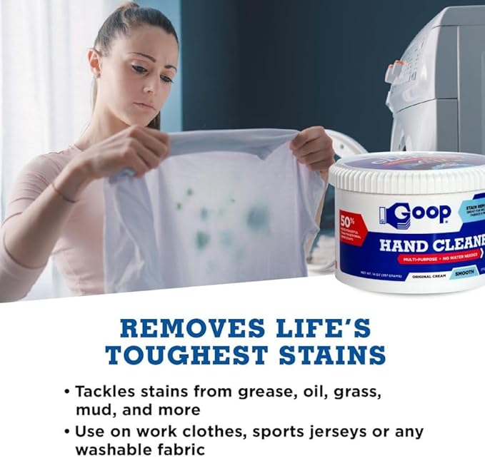 GOOP Multi-Purpose Hand Cleaner- Waterless Hand Degreaser, Laundry Stain Remover - NonToxic and Biodegradable Cleaner Remove Dirt, Oil, Paint, Ink, and Clothes Stains Original, 14oz Pack of 1