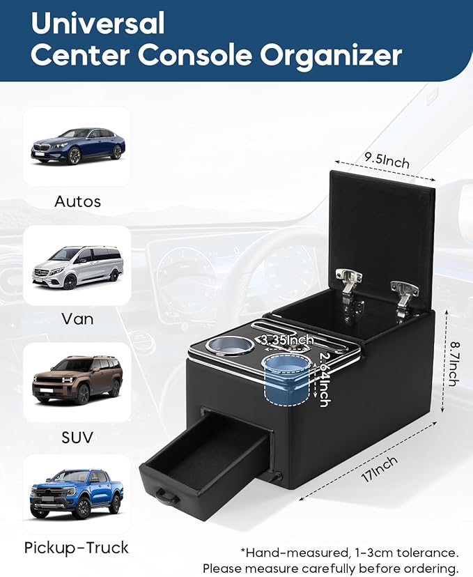 Center Console Organizer, Bench Seat Center Console with Fast Phone Charging & Cup Holders, Automotive Center Storage Box Upgraded 7-Color Adjustable LED Lighting for Car Minivan Van Truck