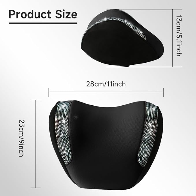2 Pack Diamond Car Neck Pillow for Women, Memory Foam Neck Pillow for Chair for Lower Back Pain Relief, Car Headrest Pillow with Adjustable Strap, Comfort Softness Neck Support Pillow(Black)