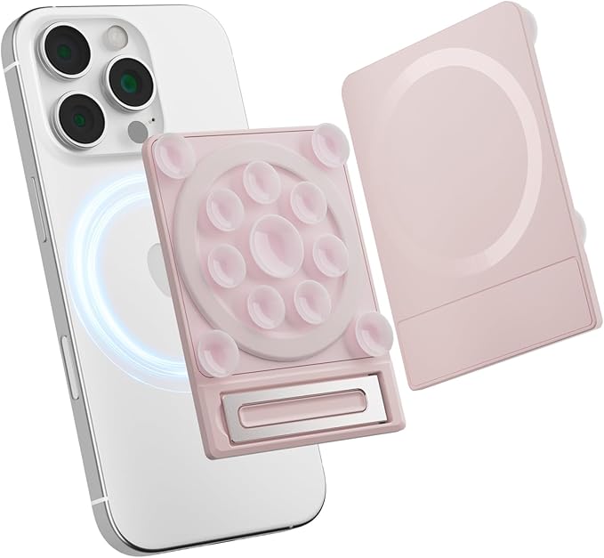 SEMBO Silicone Suction Phone Case Adhesive Sticky Grip Stand with Mag-Back for MagSafe Car/Wall Mounts, Strong Magnetic Holder for Fridge, Gym Equipment, Shower, Hands-Free Selfie (Pink, Magnetic)