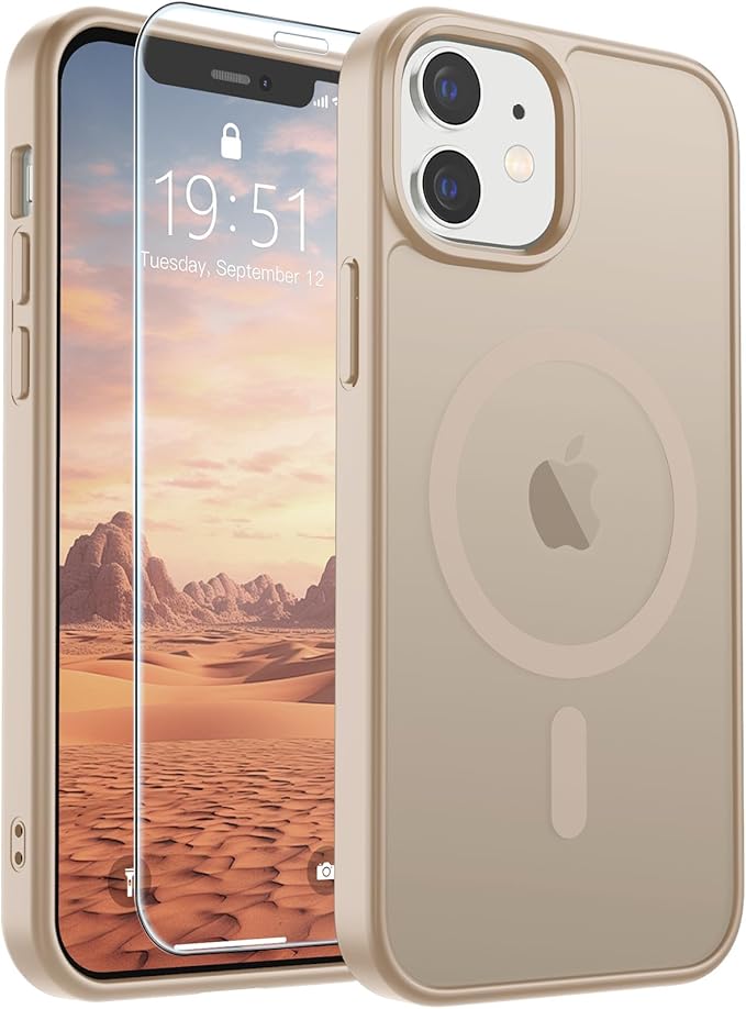 SUPFINE Magnetic for iPhone 12 Mini Case & iPhone 13 Mini Case with Screen Protector (Compatible with MagSafe) (Military Grade Drop Protection) Translucent Matte Shockproof Phone Cover,Desert Gold