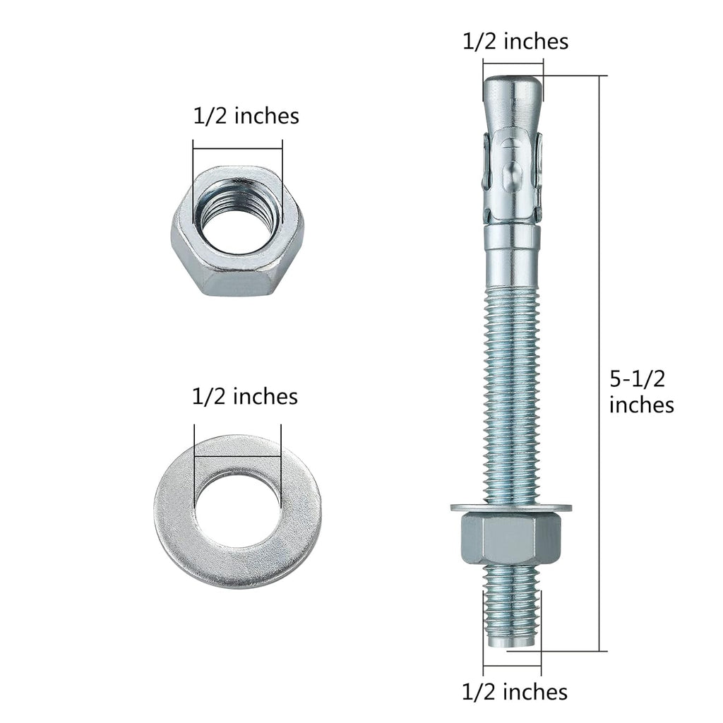 1/2x5-1/2" 10Pcs Inch Standard Fasteners for Heavy-Duty Zinc Wedge Anchors for Cement and Concrete