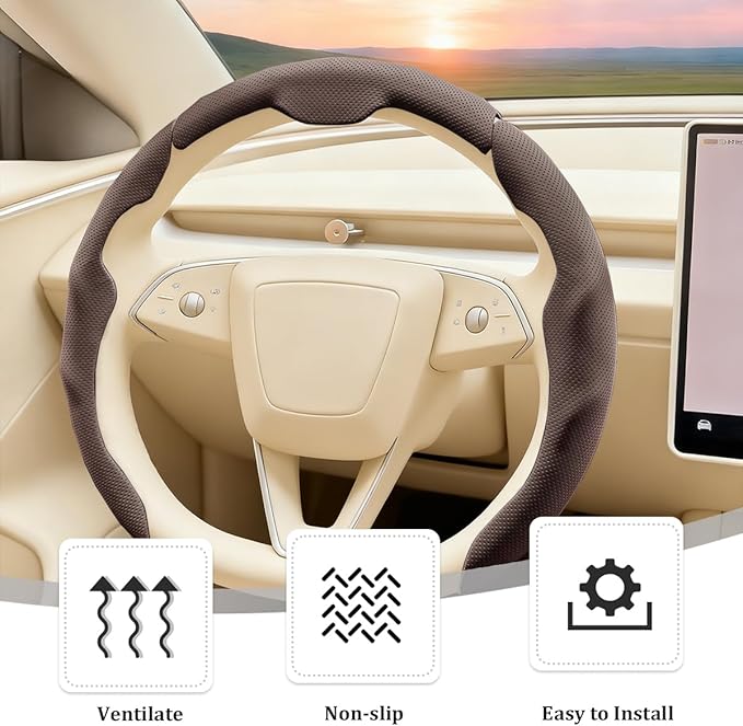 3PCS Car Steering Wheel Cover, Nappa Leather Breathable Non-Slip Segmented Steering Wheel Protector, Snap-on Auto Interior Decoration Accessories, Universal Fit (Brown)