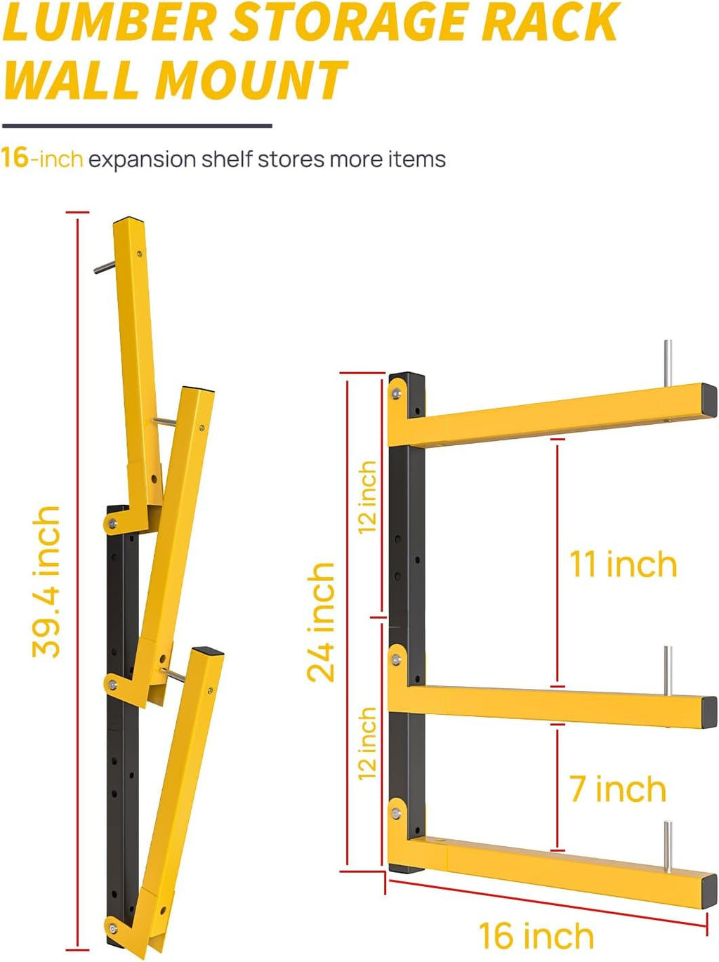 Lumber Rack Wall Mount Storage Racks Folding Wood Organizer Heavy Duty Shelf Brackets With 6-Level 720 Lbs Capacity Yellow Metal Utility Racks Garage Wall Shelving for Indoor and Outdoor Use (4 Pack)