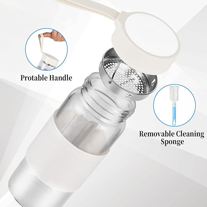 Small Glass Shaker Bottle, 2 Pack 16oz BPA Free Odorless Shaker Bottle with 304SS Mixing Ball and Removable Cleaning Brush for Fitness & Protein Shakes(White-2Pack)