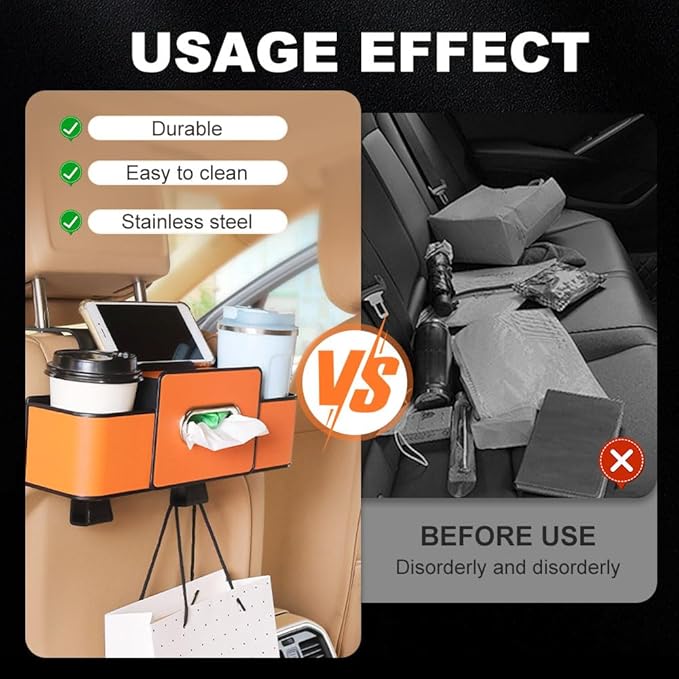 Cars Seat Back Bag, 2025 Upgrade Car Rear Backseat Extra Multifunctional Car Seat Back Storage Box, Multifunctional Car Seat Tissue Organizer with 2 Drink Cup Holder 2 Hooks (Beige)