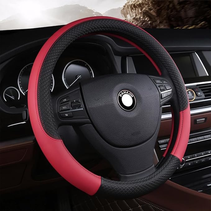 Pahajim Car Steering Wheel Cover for Women Men Universal PU Leather Steering Wheel Accessories Anti Skid 14.5-15 Inch (37-38cm) Forro Volante Carro (Red)
