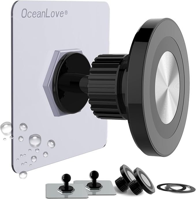 OCEANLOVE for MagSafe Wall Mount Magnetic Phone Holder, 2 Pack, Self-Adhesive, Rotatable Ball,Waterproof, Compatible with iPhone 17/16/15/14/13/12, Shower Mirror Gym Bathroom Kitchen (Black)