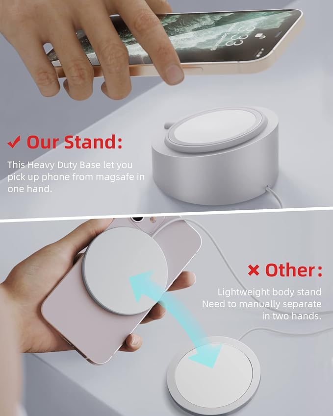 Stouchi Mag- Safe Charger Stand for 25W/15W MagSafe Charger Heavy-Duty Premium Metal Holder Base Desktop Tablet Mount for iPhone 17/16 Pro /16/15 Pro/15/14/13/12 -Silver