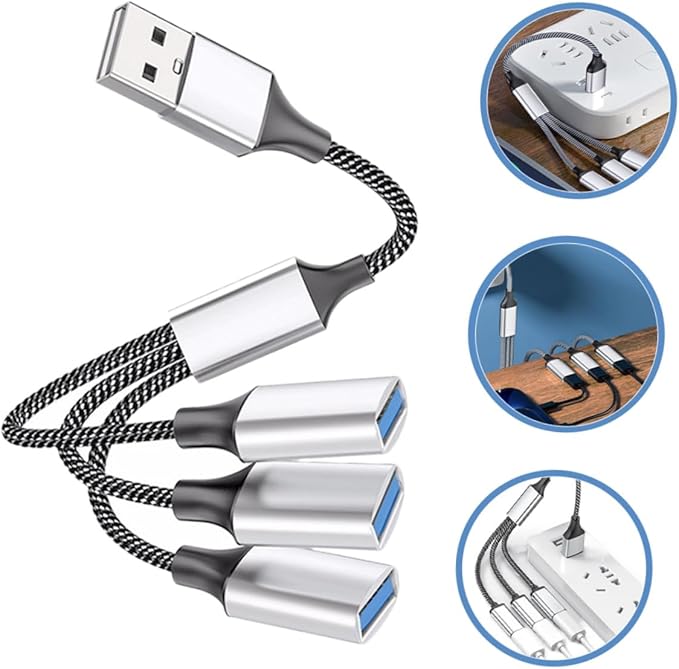 Portable USB Power Splitter Cable Male to Female Ports Compact USB Hub with Over Over-Voltage Protection for Laptop Car and Computer Use